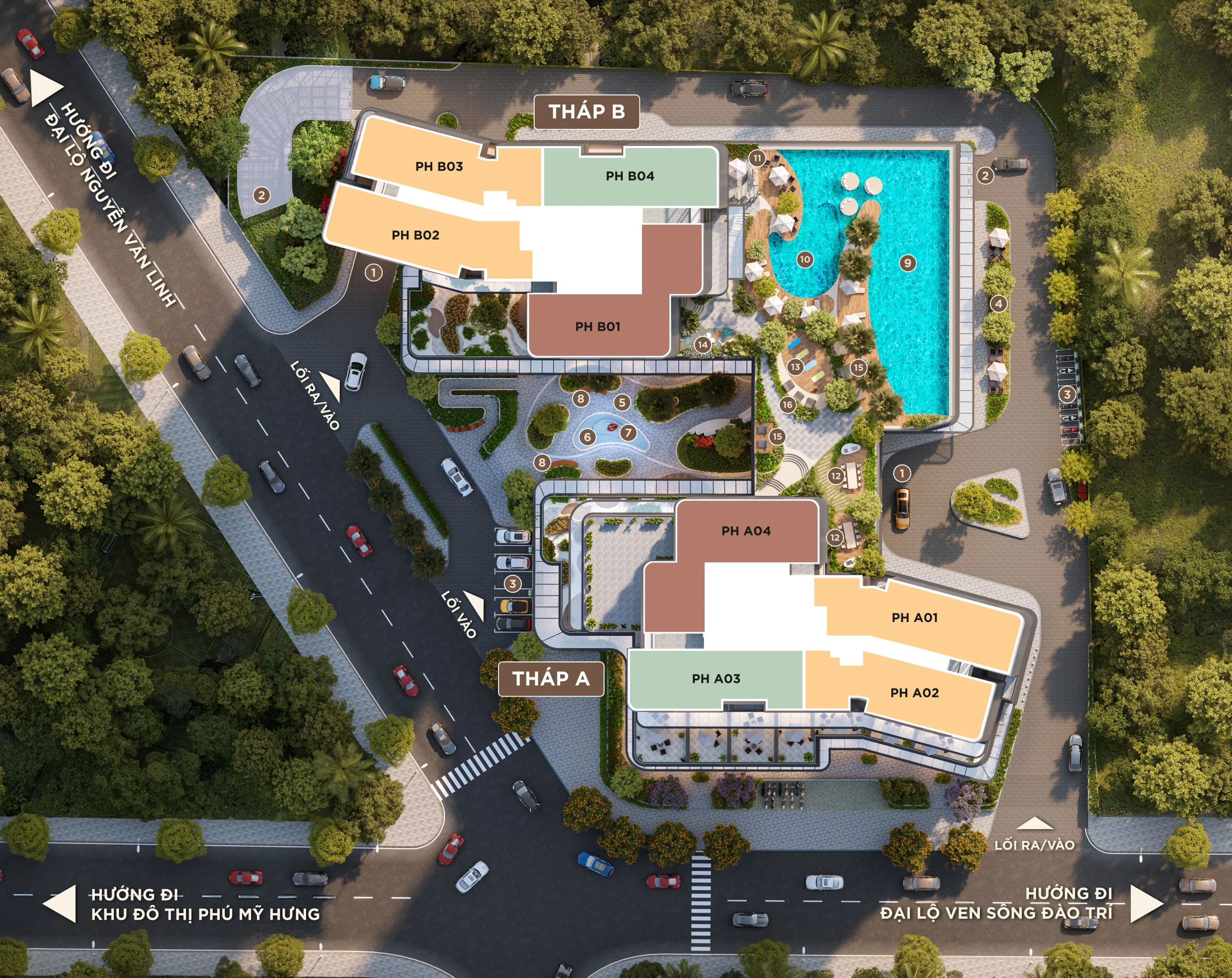 Tổng mặt bằng Penthouse Duplex tầng 34–35 Vlasta Premier Phú Thuận, gồm các căn PH A01–A04 và PH B01–B04 tại Tháp A và Tháp B.